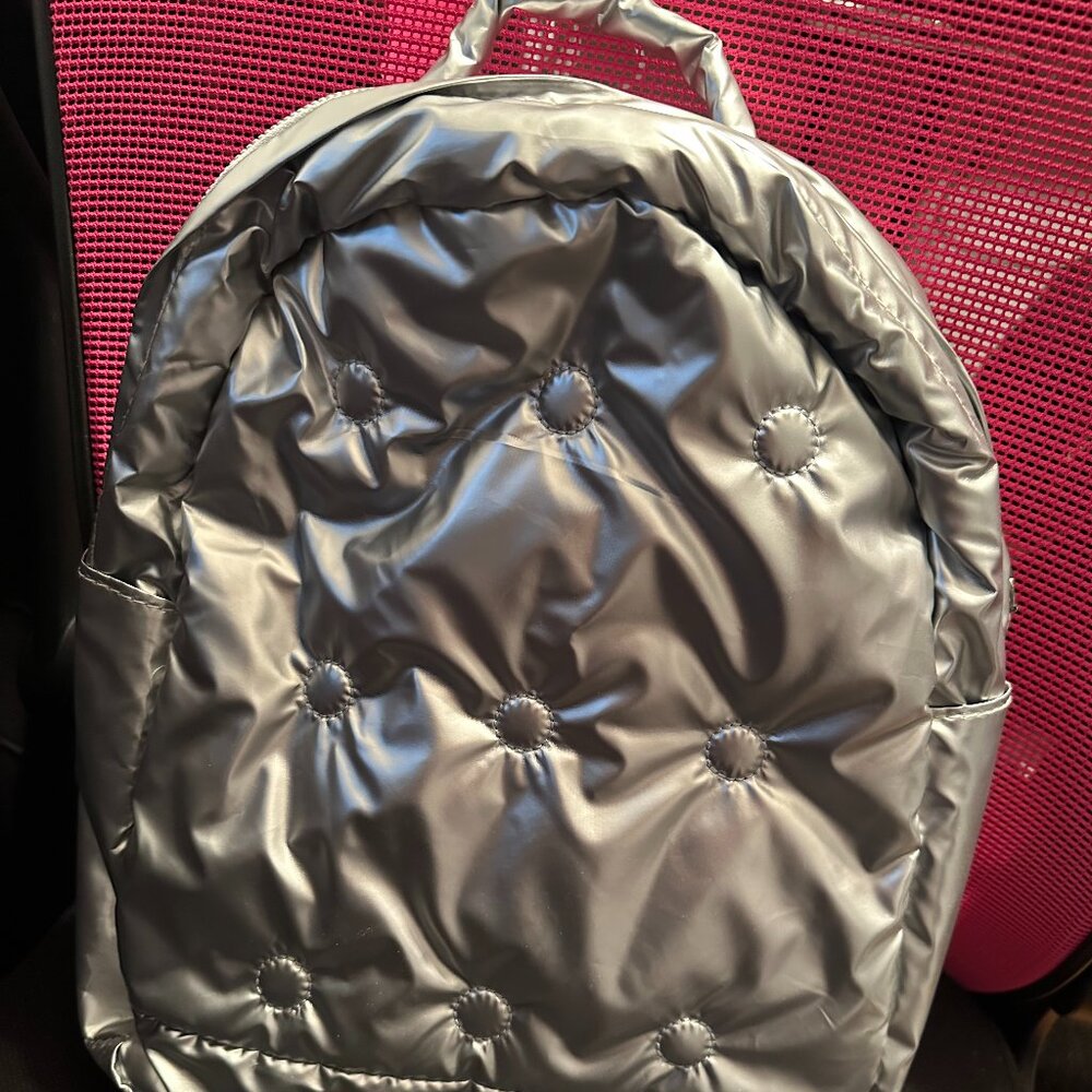 Cosmic Puff Quilted Silver Metallic Backpack NEW